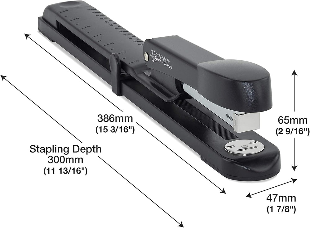 Rapesco Marlin long arm stapler and 26/6 staples bundle in black, featuring antibacterial design for office or home use.