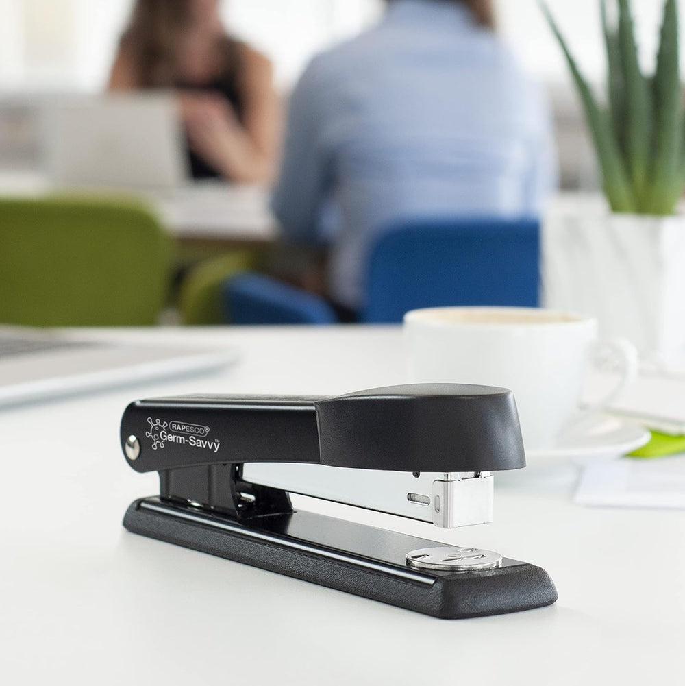 Rapesco Marlin stapler with R4 staple remover and 26/6 staples in black antibacterial bundle, showcasing the stapler and accessories.