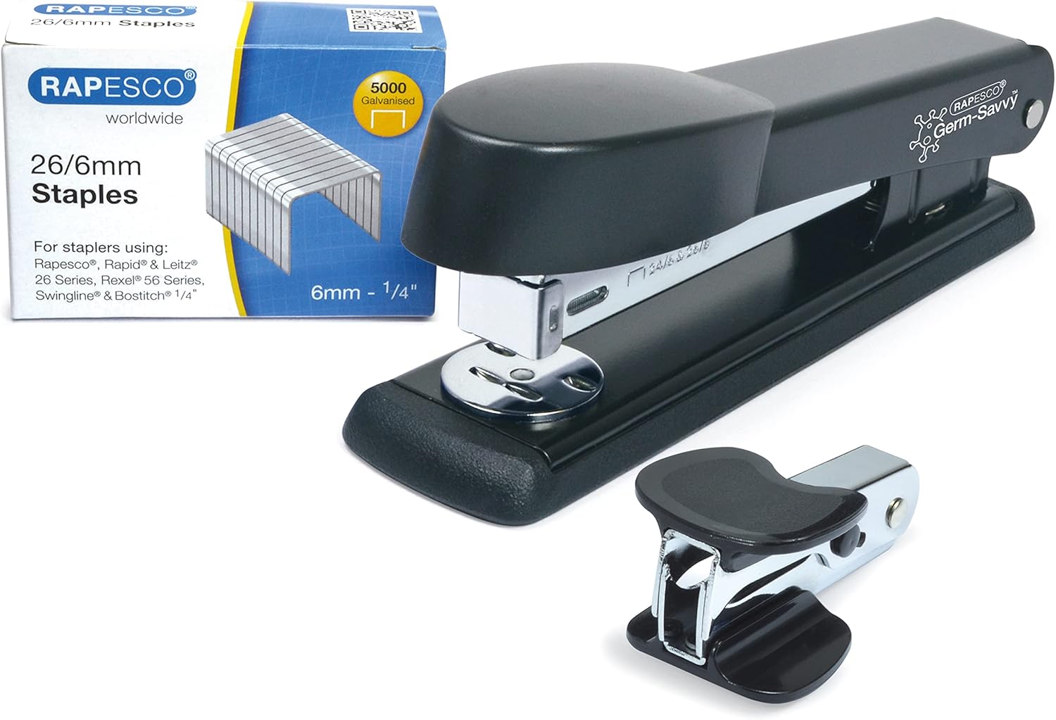 Rapesco Marlin black stapler bundle with R4 staple remover and 26/6 staples, featuring antibacterial design for office use.