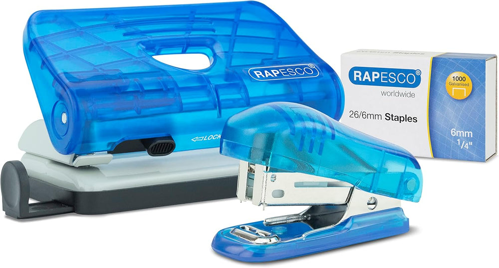 Blue Rapesco mini stapler with staples and punch set, compact office tool for stapling and hole punching.