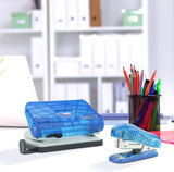 Blue Rapesco Mini Stapler with staples and punch set, compact desktop office tool for stapling and punching papers.