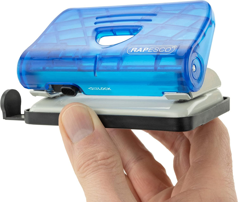Blue Rapesco mini stapler with staples and punch set, compact desktop stapling tool for quick paper binding.