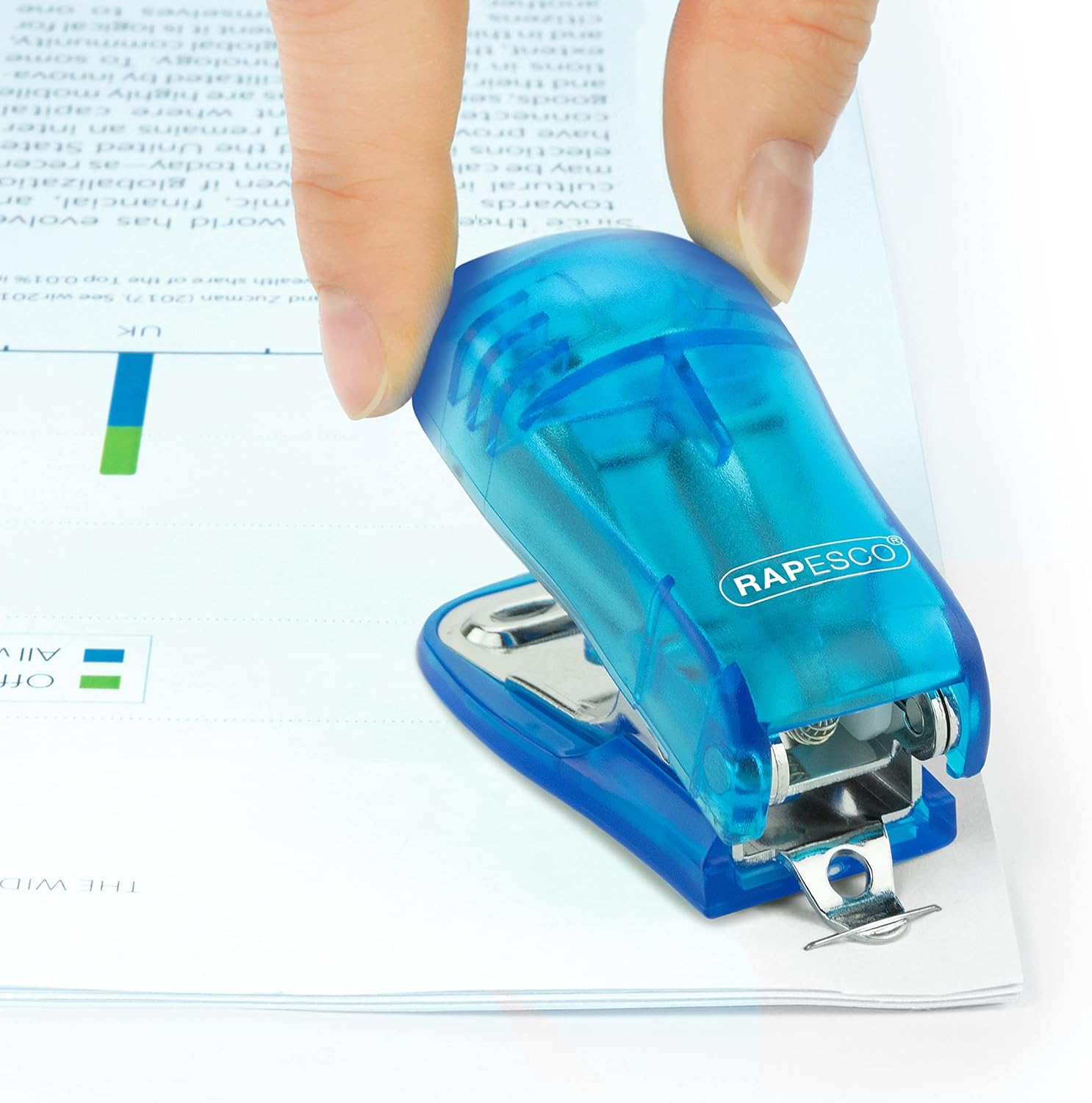 Blue Rapesco mini stapler with staples and punch set, compact office tool for stapling and hole punching.