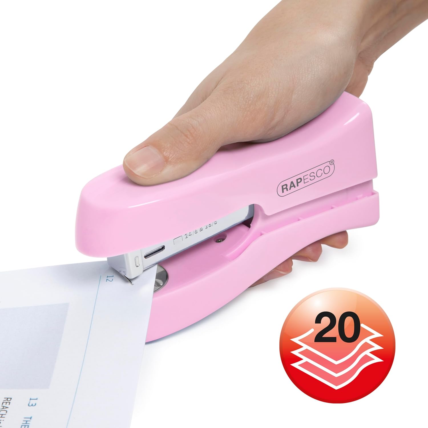 Rapesco Stand Up Space-Saving Stapler in Candy Pink, holds up to 20 sheets, compact design for easy desktop use.