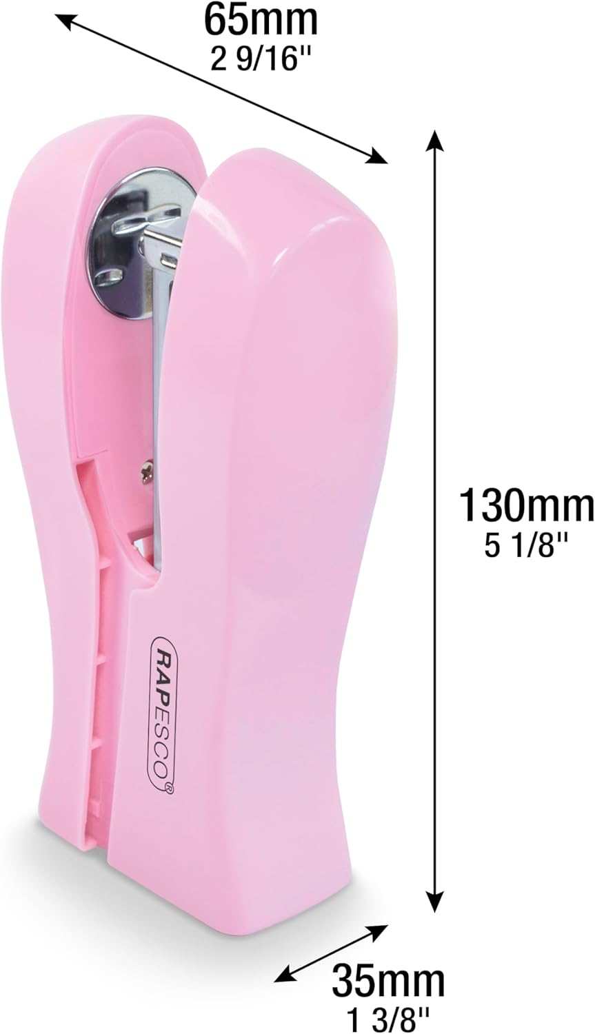 Rapesco Stand Up Space-Saving Stapler in Candy Pink, holds up to 20 sheets, compact office or home desktop staple.