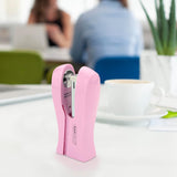 Rapesco Stand Up Space-Saving Stapler in Candy Pink, holds up to 20 sheets of paper, compact and ergonomic design.