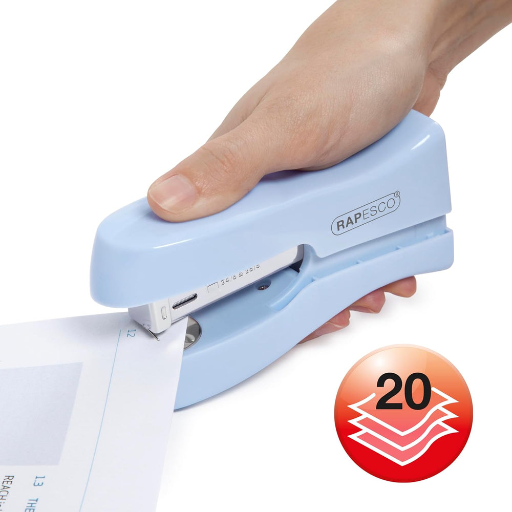 Rapesco Stand Up Space-Saving Stapler in powder blue, holds up to 20 sheets of paper, compact and ergonomic design.