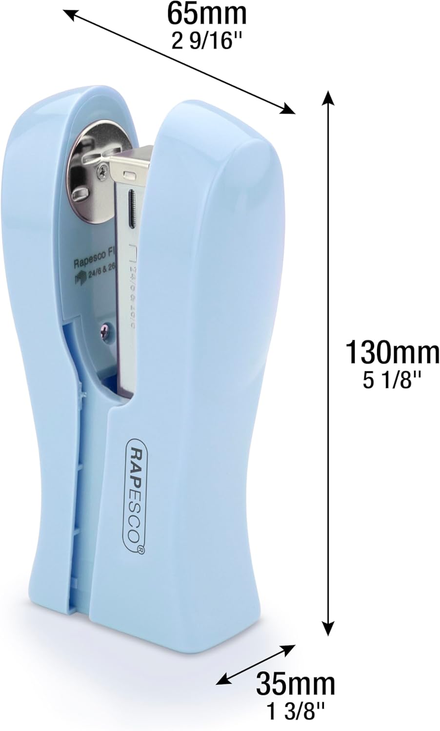 Rapesco Stand Up Space-Saving Stapler in powder blue, holds 20 sheets, compact design for easy stapling.