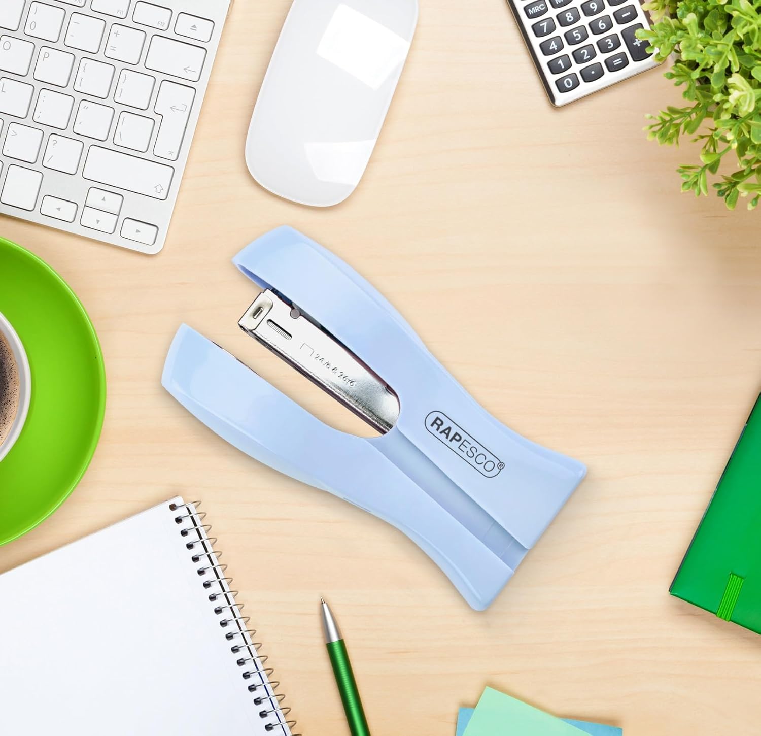 Rapesco Stand Up Space Saving Stapler in powder blue, holds 20 sheets, compact design for easy binding.