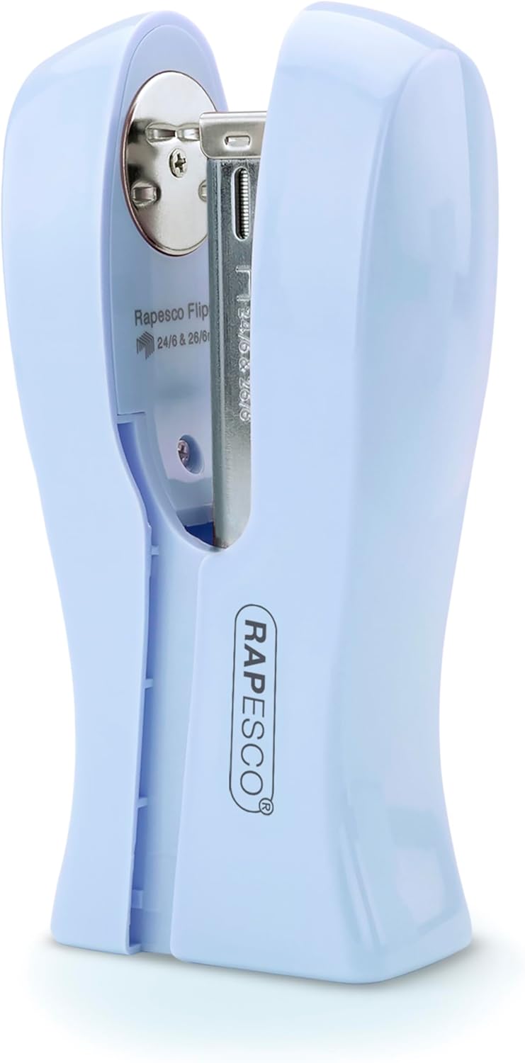 Rapesco Stand Up Space-Saving Stapler in powder blue, holds up to 20 sheets of paper, compact design for easy stapling.