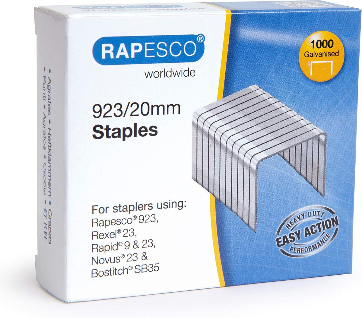 Rapesco 923 galvanised staples, 20mm length, pack of 1000, suitable for heavy-duty stapling and fastening applications.