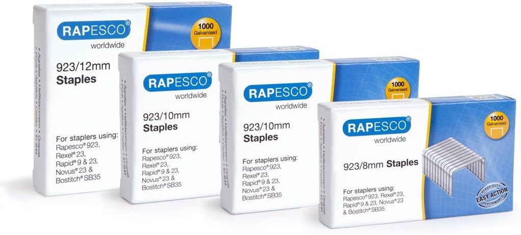 Rapesco 923 galvanised staples mixed pack with 8mm, 10mm, and 12mm staples for heavy-duty stapling tasks.