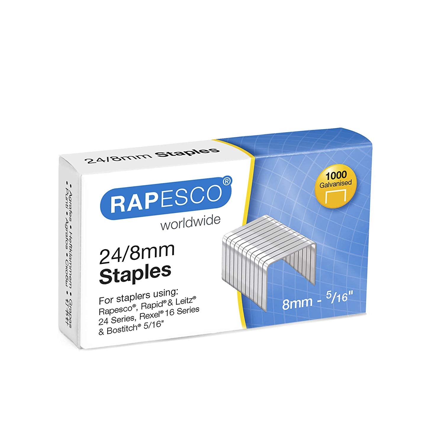 Box of 1000 Rapesco galvanized staples, 24/8mm size, ideal for office fasteners and stapling tasks.