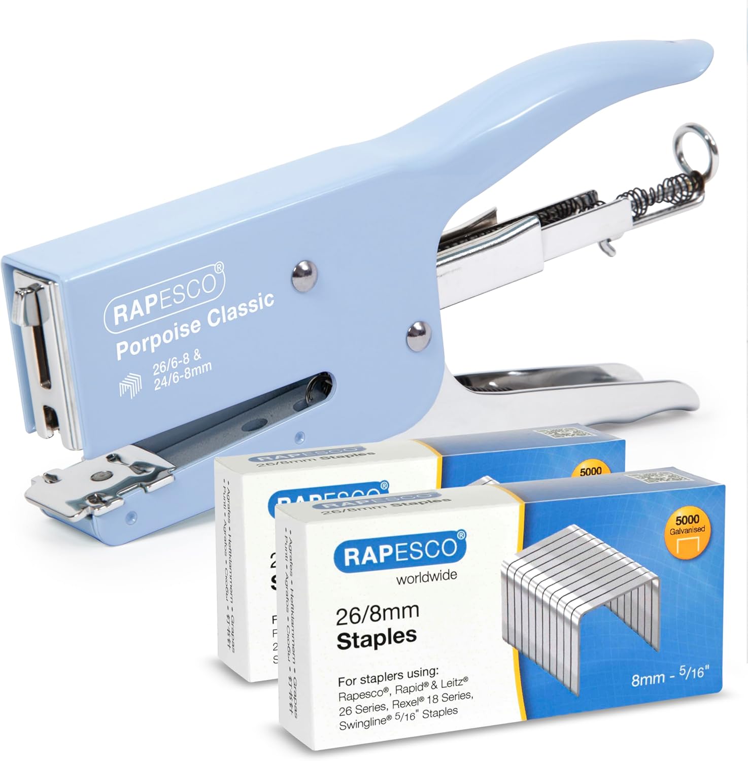 Rapesco Porpoise Classic Stapling Pliers set with 10,000 staples in powder blue, ideal for quick and secure stapling.