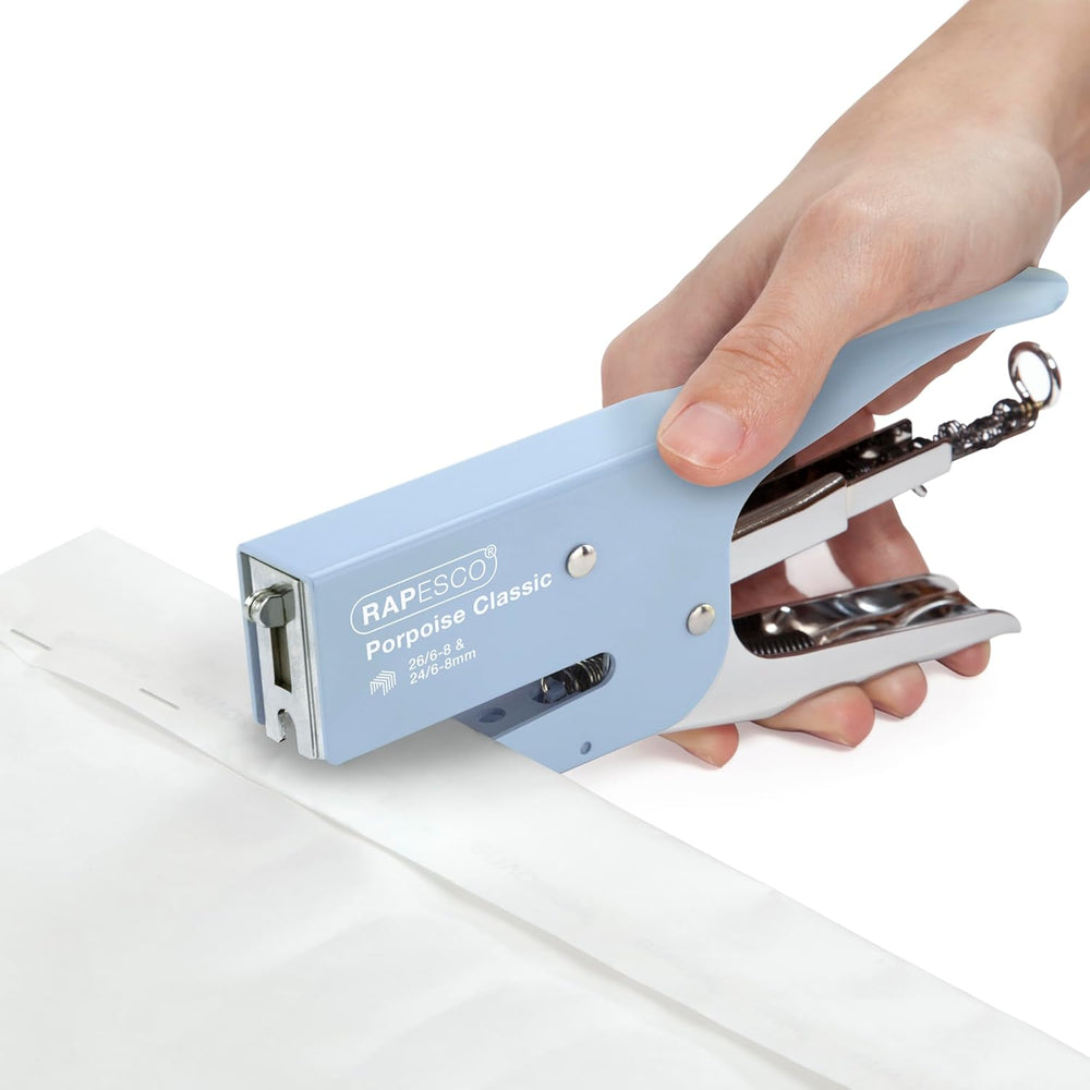 Rapesco Porpoise Classic Stapling Pliers in powder blue with 10,000 staples, ideal for office or home use.