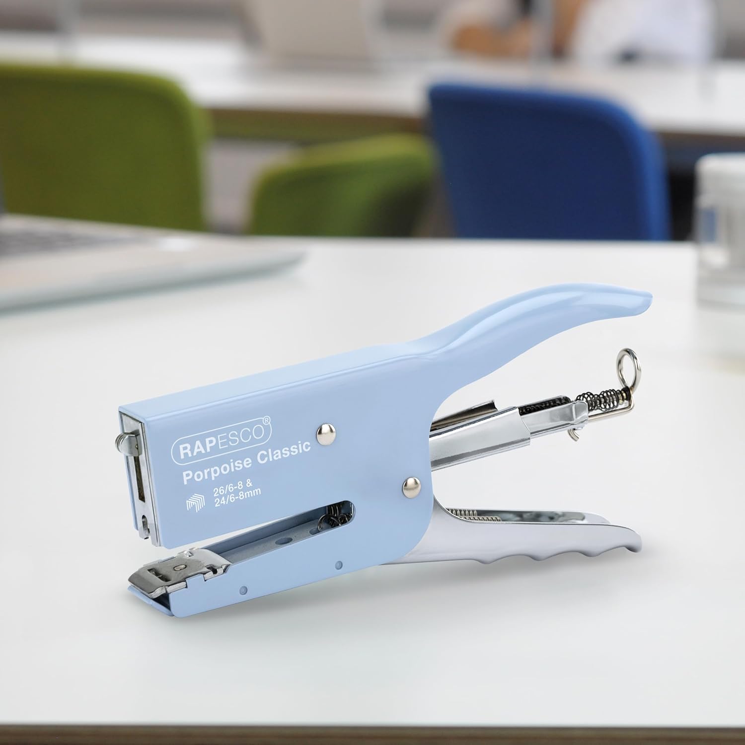 Rapesco Porpoise Classic Stapling Pliers in powder blue with 10,000 staples, ideal for office or home use