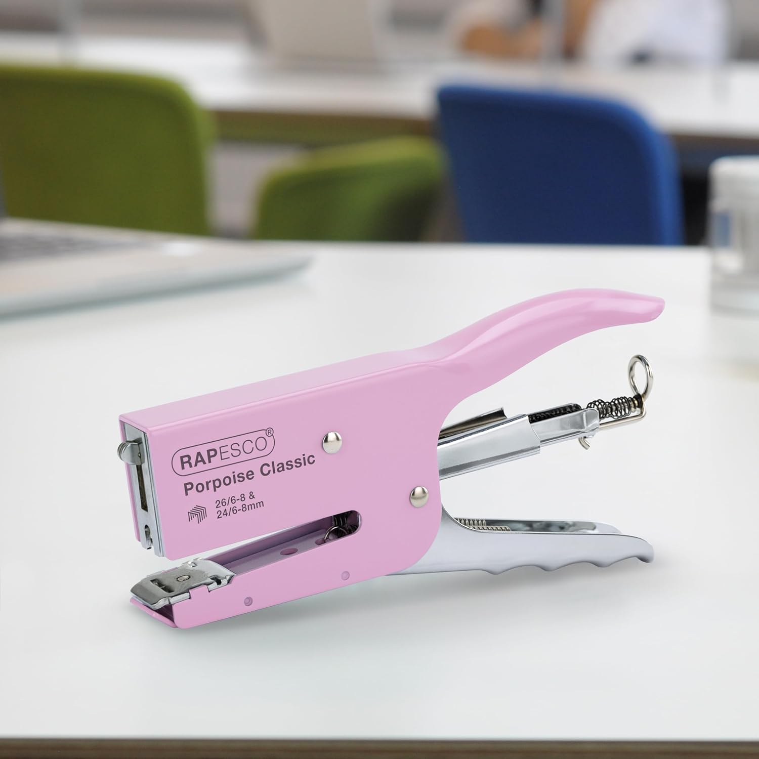 Rapesco Porpoise Classic Stapling Pliers in chrome and candy pink, designed for 24/6 and 26/6 staples, with ergonomic handles.