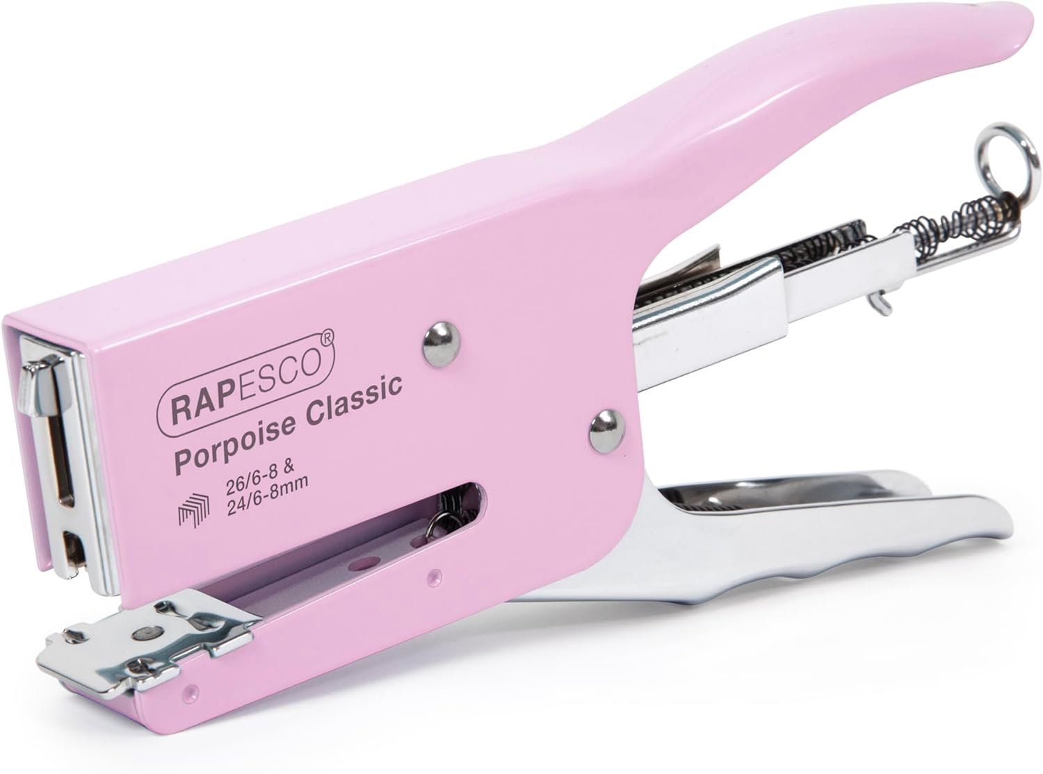 Rapesco Porpoise Classic Stapling Pliers in chrome and candy pink, with 24/6 and 26/6 staple sizes, designed for office use.