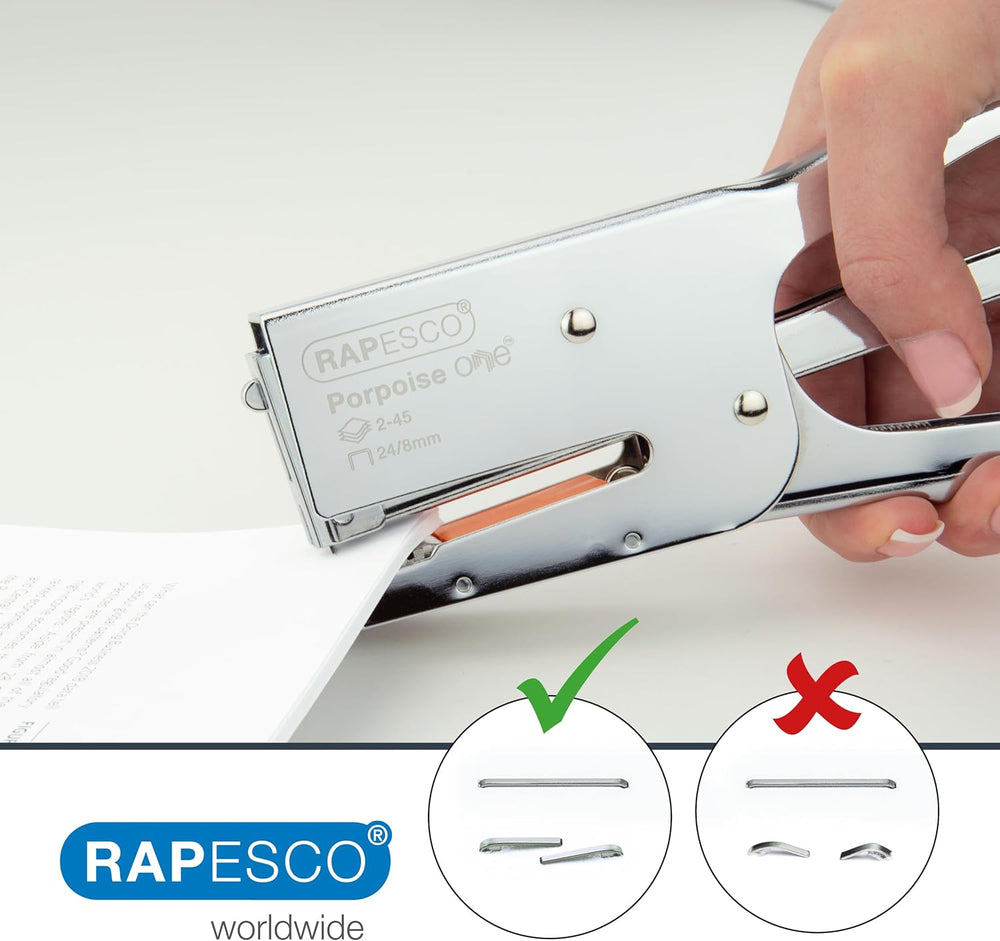 Rapesco Porpoise One stapling plier with staples, antibacterial stapling tool for secure binding and easy use.