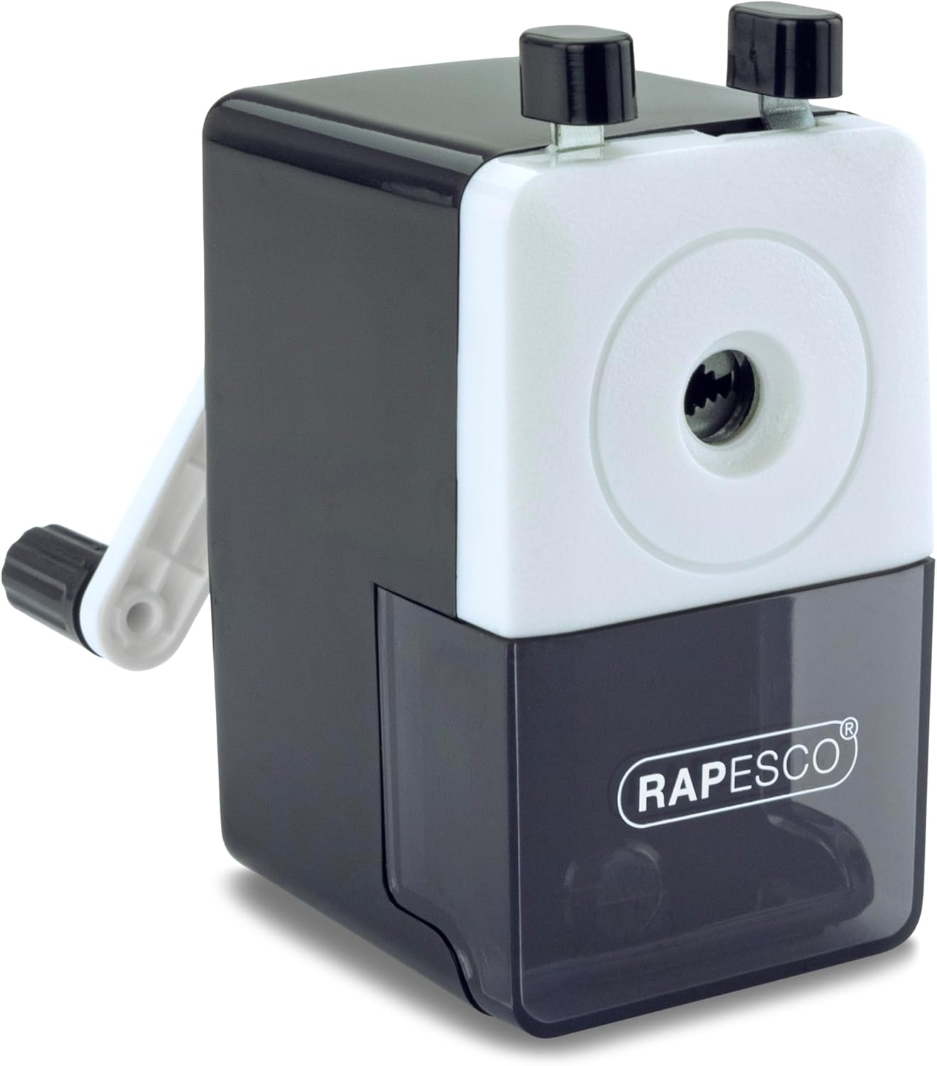 Rapesco Model 64 black desktop pencil sharpener on a desk, compact stationery accessory for precise pencil sharpening.