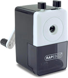 Rapesco Model 64 black desktop pencil sharpener on a desk, compact stationery accessory for precise pencil sharpening.