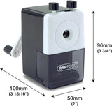 Rapesco Desktop Pencil Sharpener Model 64 in black, a compact stationery accessory for sharpening pencils on a desk.