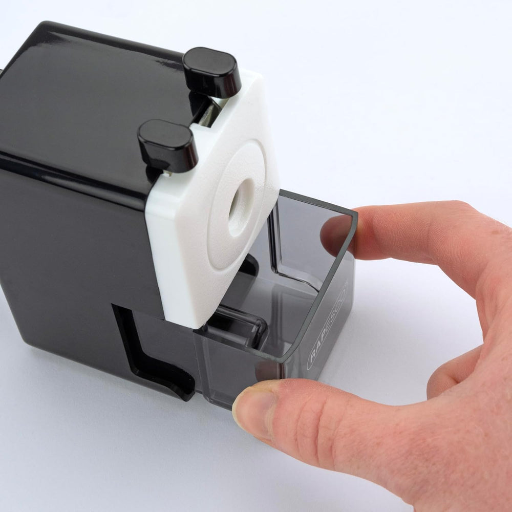 Black Rapesco Desktop Pencil Sharpener Model 64, a compact stationery accessory with a durable blade for precise sharpening.