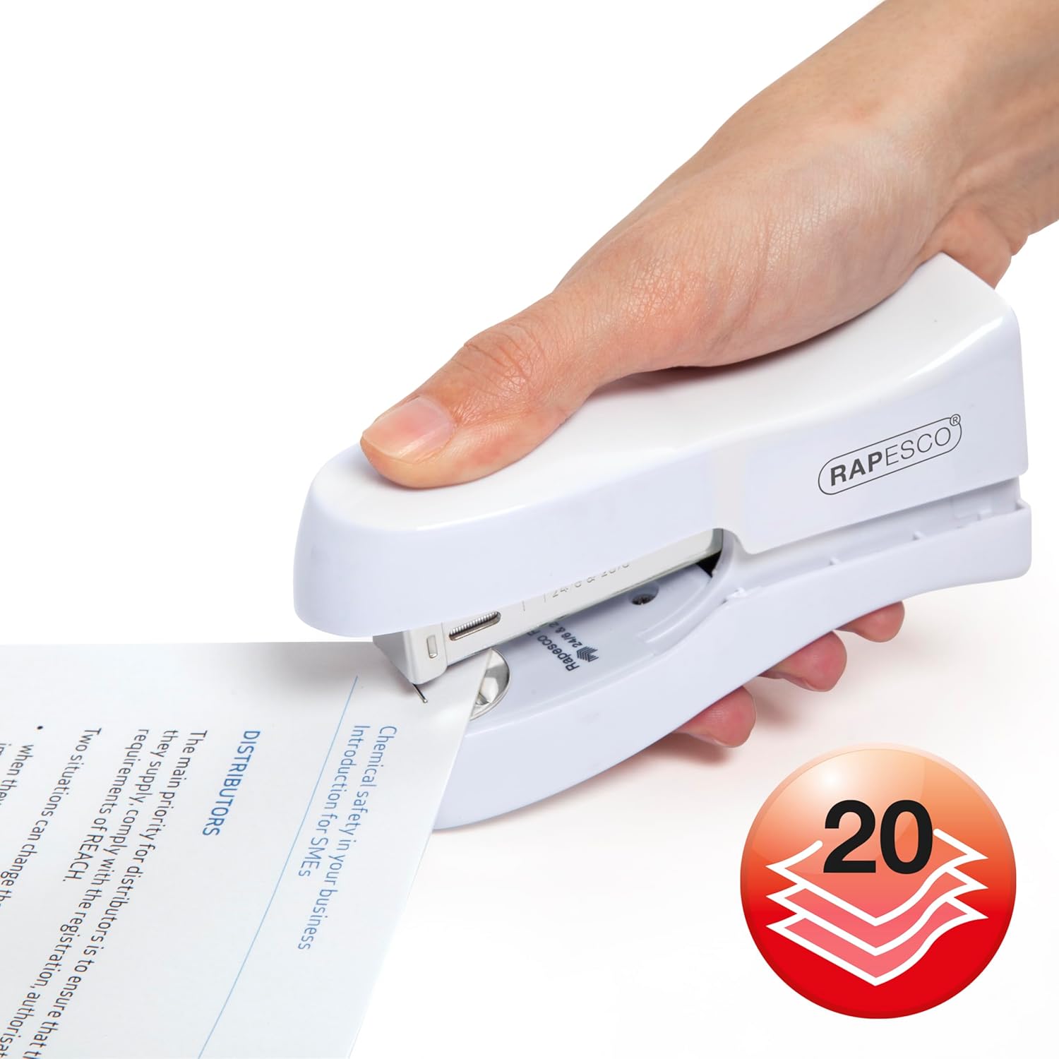 Rapesco 1319 stand-up space-saving stapler in white, holds up to 20 sheets, ideal for stationery and filing needs