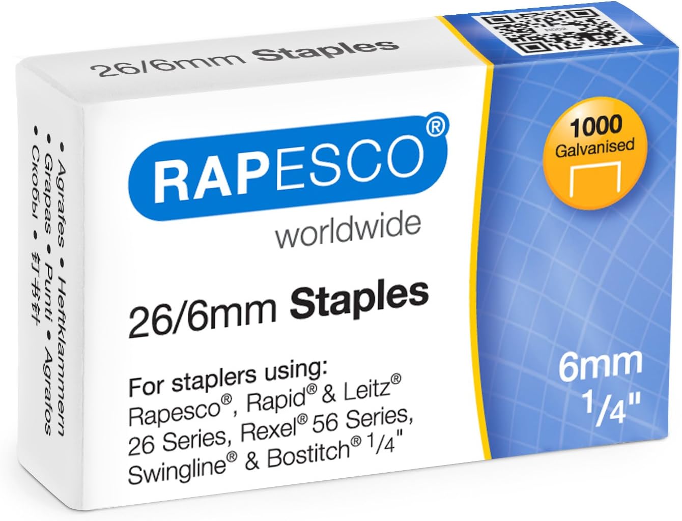 Rapesco galvanized staples, 26/6mm size, pack of 1000, suitable for standard staplers in stationery and filing.