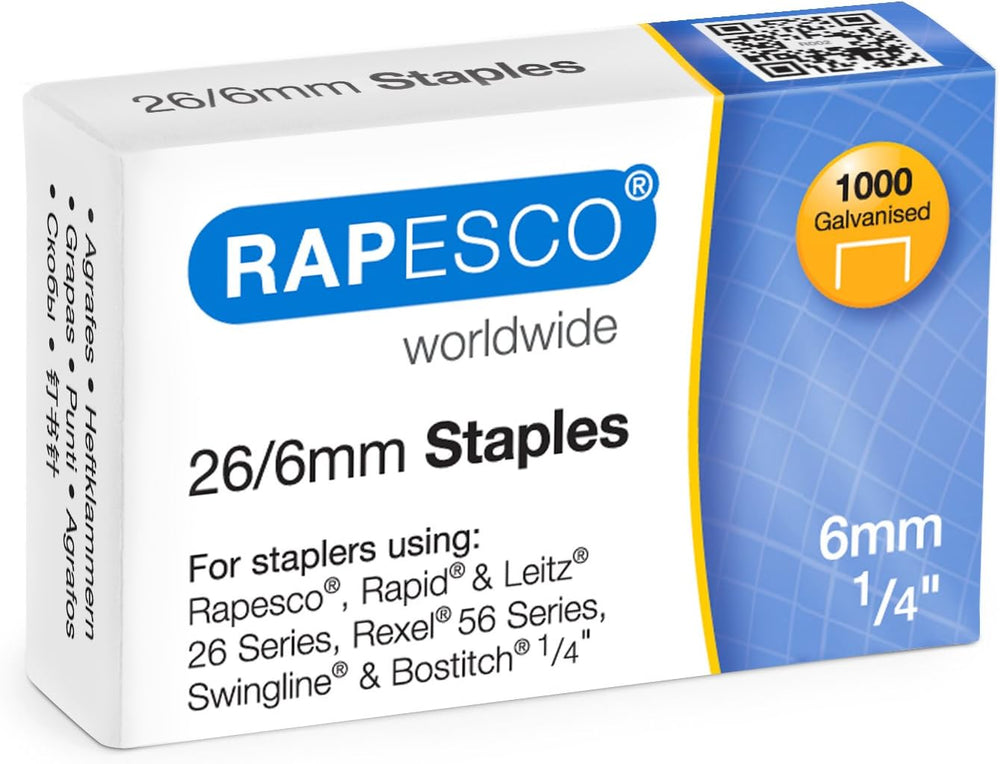 Rapesco galvanized staples, 26/6mm size, pack of 1000, suitable for standard staplers in stationery and filing.