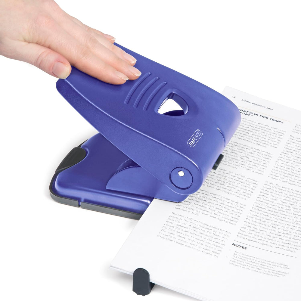 Blue Rapesco 835-P 2-hole punch for up to 40 sheets, ideal for stationery and filing needs.