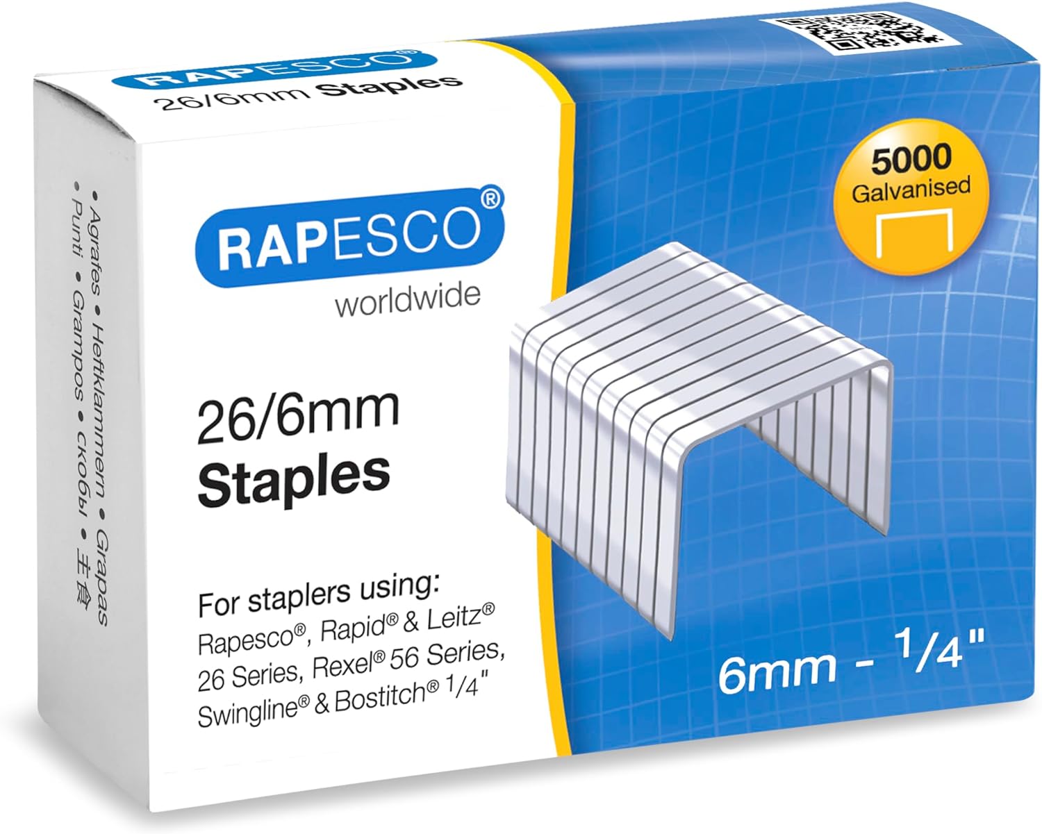 Rapesco galvanised silver staples 26/6mm in a box of 5000, suitable for stationery and filing tasks.