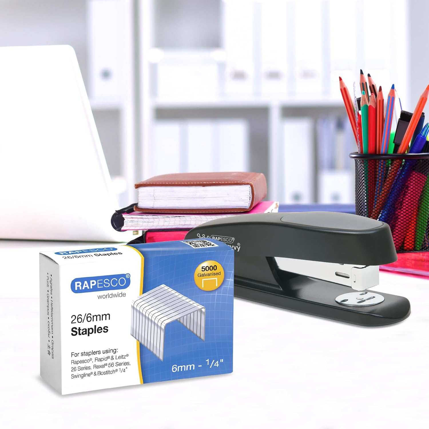 Box of 5000 Rapesco galvanised staples in 26/6mm size, silver color, for stationery and filing uses.