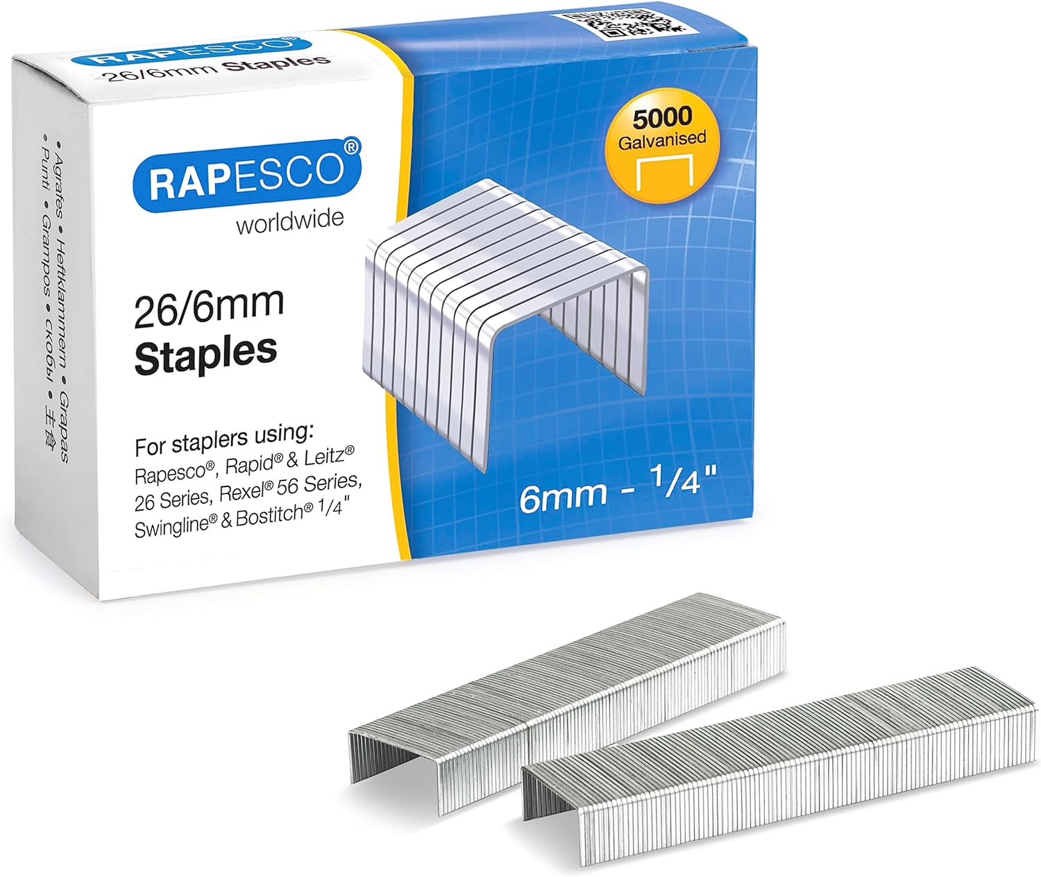 Rapesco galvanised staples 26/6mm in silver, 5000 pack, ideal for stationery and filing tasks, showing stacked staples in a box