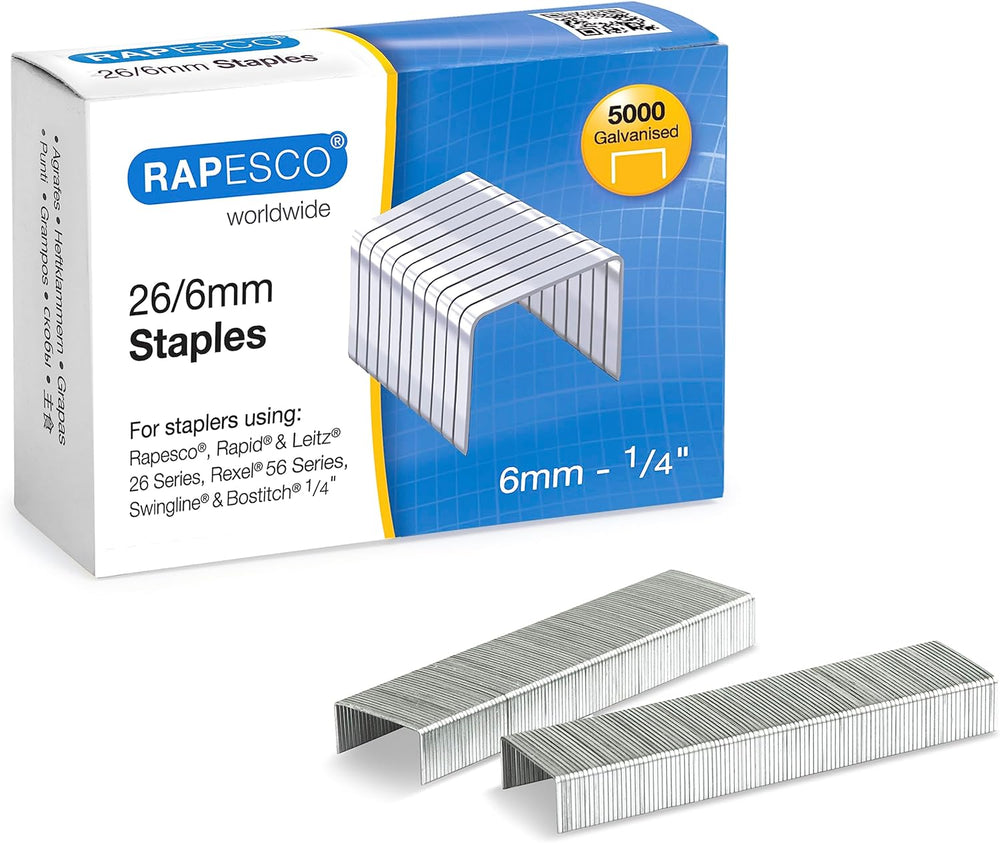 Rapesco galvanised staples 26/6mm in silver, 5000 pack, ideal for stationery and filing tasks, showing stacked staples in a box