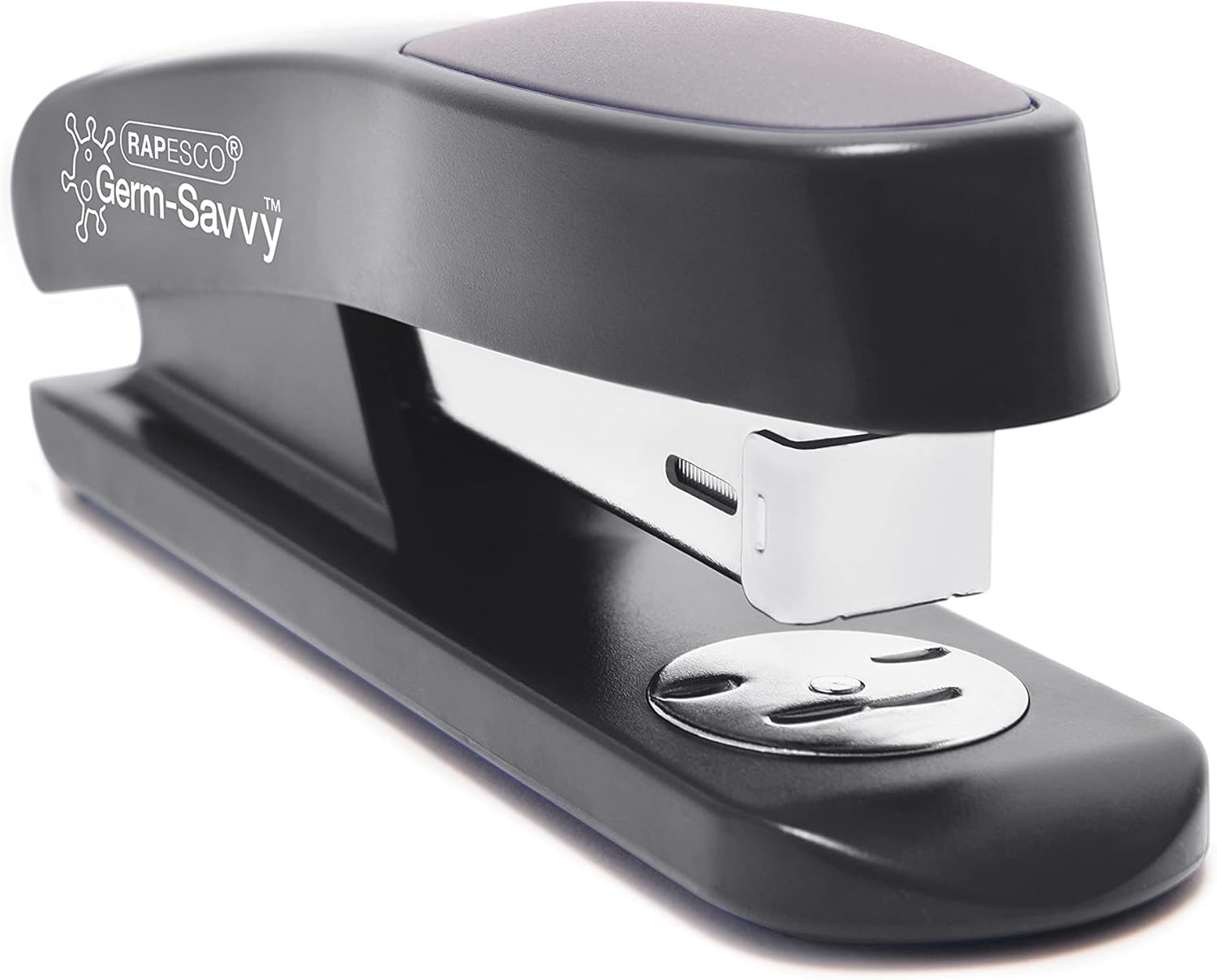 Rapesco Germ Savvy Eco Sting Ray half strip stapler in black with 1000 staples for stationery and filing use.