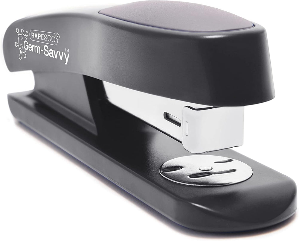 Rapesco Germ Savvy Eco Sting Ray half strip stapler in black with 1000 staples for stationery and filing use.