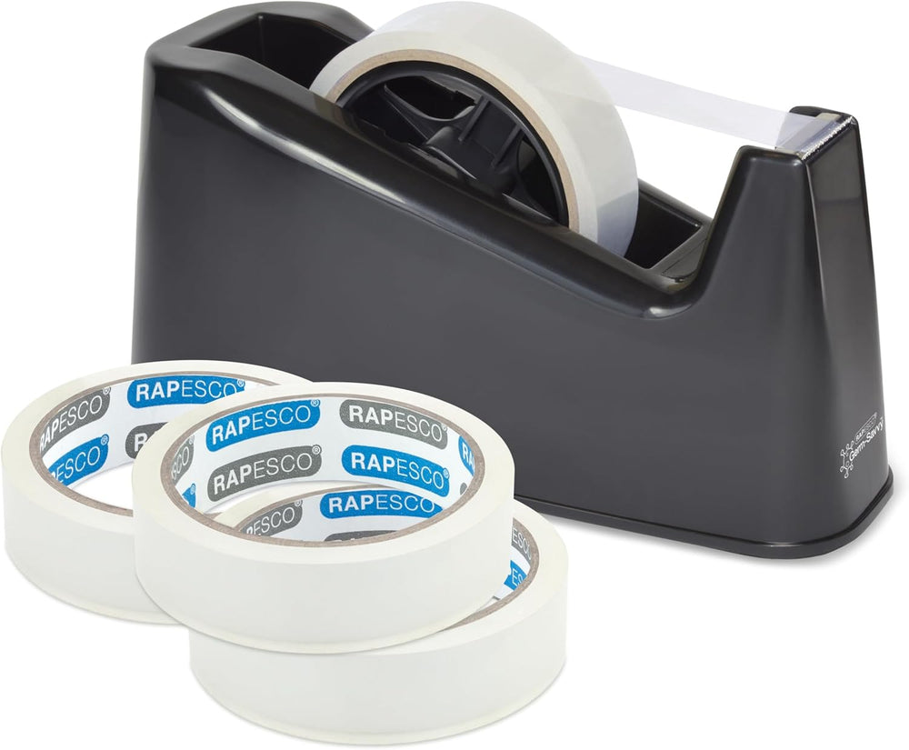 Black Rapesco Germ-Savvy antibacterial heavy-duty tape dispenser with 4 rolls of tape, ideal for stationery and packaging needs.