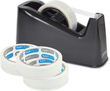 Black Rapesco Germ-Savvy antibacterial heavy-duty tape dispenser with 4 rolls of tape, ideal for stationery and packaging needs.