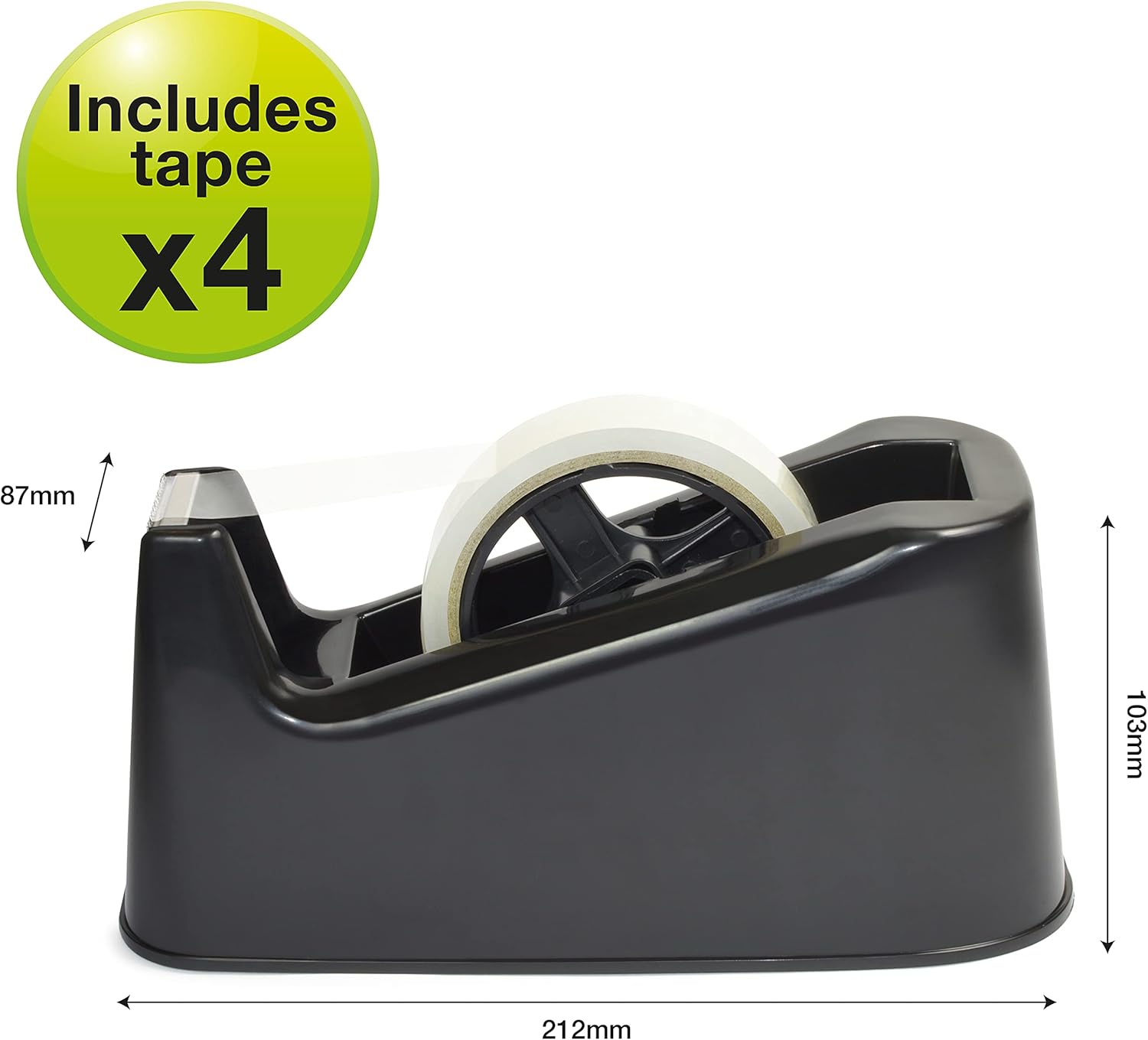 Black Rapesco Germ-Savvy Antibacterial heavy-duty tape dispenser with four rolls of tape, ideal for stationery and packaging needs.