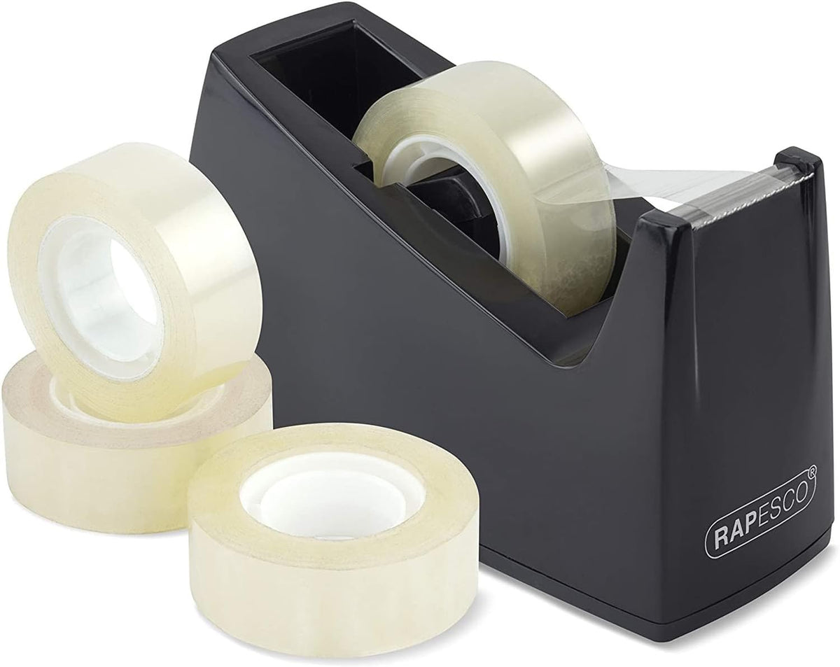 Rapesco 300 Tape Dispenser with four black tape rolls, compact office supply for easy tape application and organization.