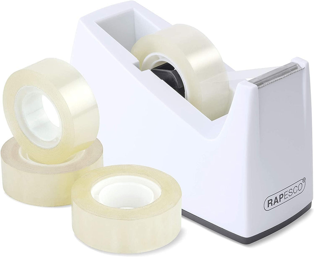 Rapesco 300 tape dispenser with four white tape rolls, durable plastic construction, ideal for office or home use.