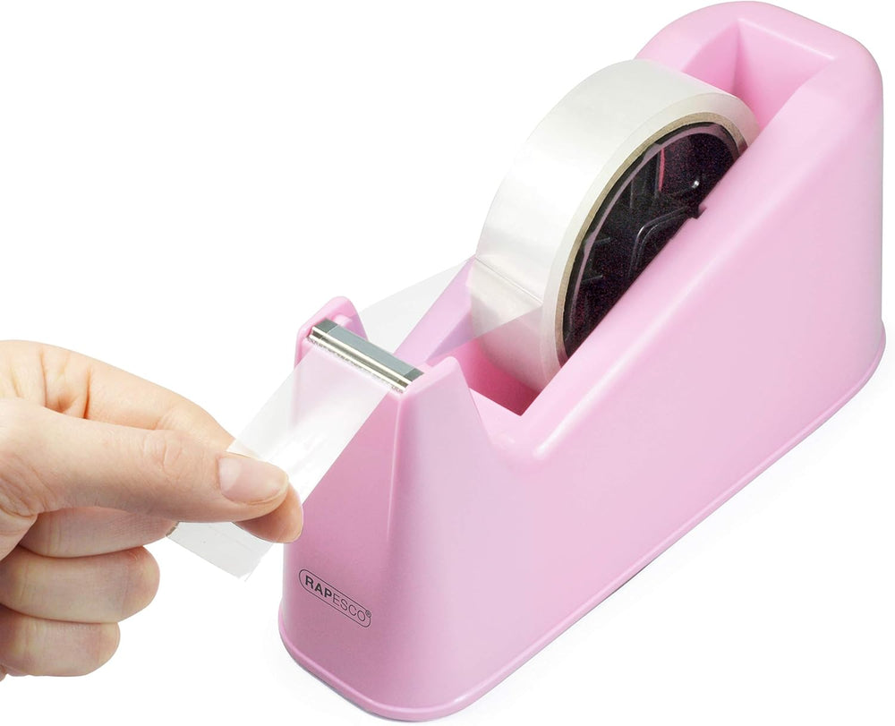 Rapesco heavy duty tape dispenser in candy pink with two rolls of clear tape on a white background.