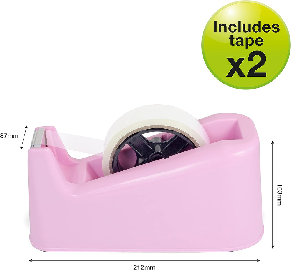 Rapesco heavy duty tape dispenser in candy pink with two rolls of tape, designed for secure and easy tape dispensing.