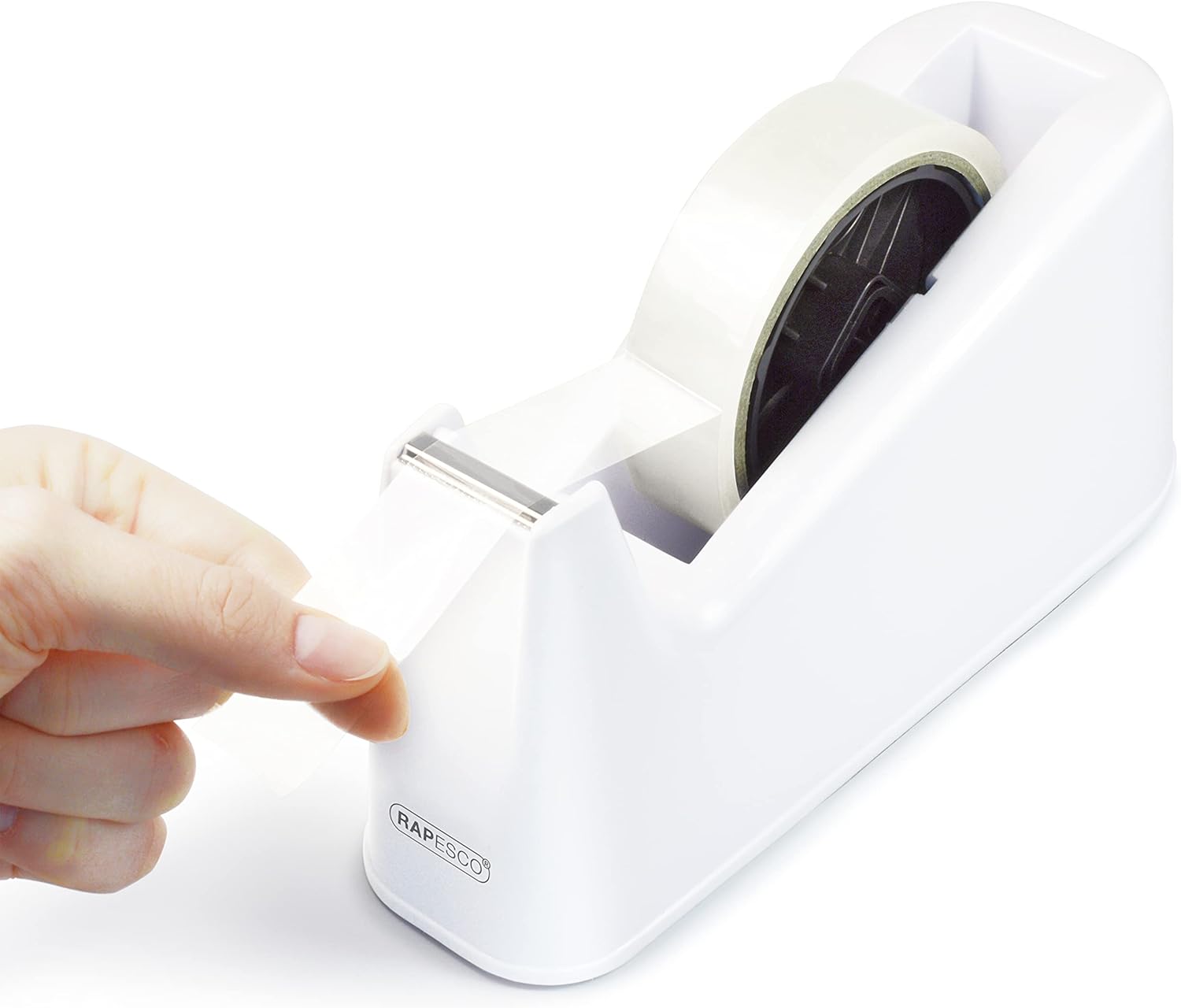 Rapesco 500 heavy duty tape dispenser with two white tape rolls, sturdy plastic design, ideal for office or packaging tasks.