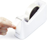 Rapesco 500 heavy duty tape dispenser with two white tape rolls, sturdy plastic design, ideal for office or packaging tasks.