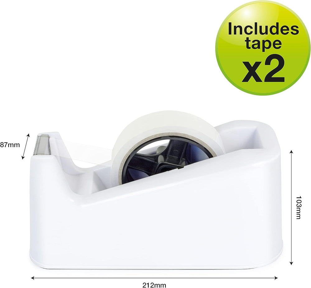 White Rapesco 500 Heavy Duty Tape Dispenser with two tape rolls, durable plastic construction for secure packaging.