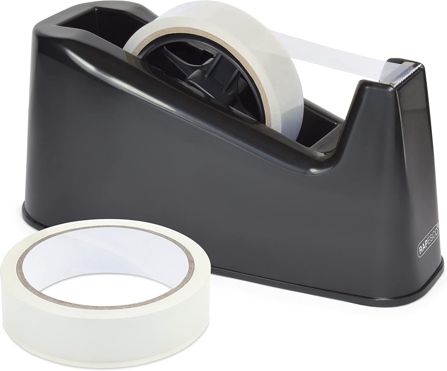 Black Rapesco 500 Heavy Duty Tape Dispenser with two tape rolls, durable plastic construction for secure tape dispensing.