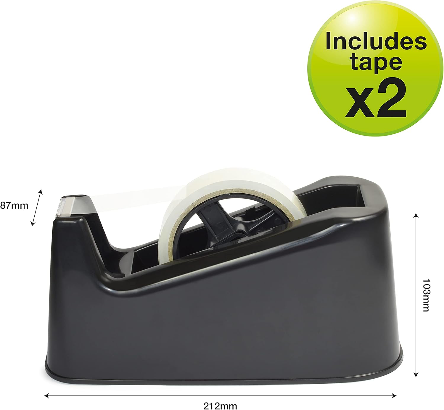 Rapesco 500 heavy-duty black tape dispenser with two tape rolls, sturdy and functional for office or home use