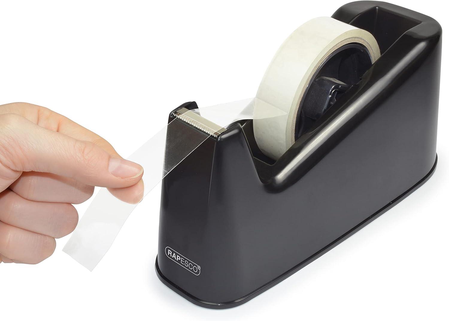 Rapesco 500 heavy-duty black tape dispenser with two rolls of clear tape for professional office use